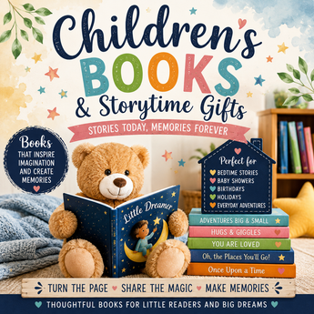 Explore Children's Books and Storytime Gifts with books that inspire imagination and create memories with a teddy bear holding a 'Little Dreamer' book with a stack of books by his side with kids room background.