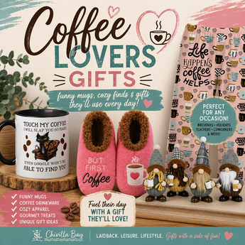 Collection of Gifts for Coffee Lovers that include Mugs, Slippers, Lounge pants, and Figurines