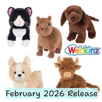 5 New Webkinz arriving in February of 2026 - Black and white kitty, Capybara, Chocolate Lab, Corgi, and the highland cow