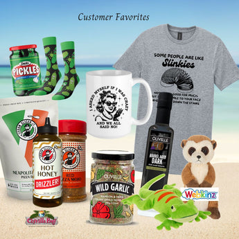 Flat lay of Chivilla Bay customer favorite gifts including funny coffee mugs, giftable items, and small thoughtful presents.