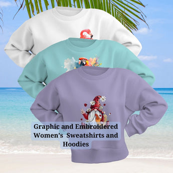 A selection of cozy women's crewneck sweatshirts and hoodies featuring unique embroidery and bold graphics, showcasing creativity and comfort.
