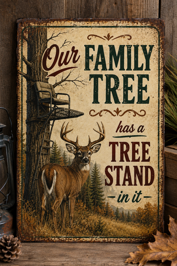 Rustic whitetail deer hunting tin sign displayed with cabin decor