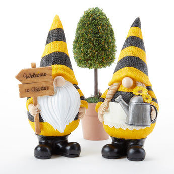 Cute Bee Gnomes with pointy hats, perfect for plant or flower container gardens. 