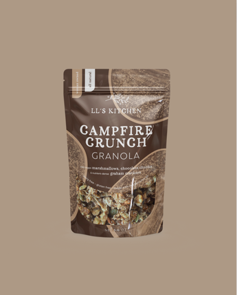 Package of LL's Kitchen Campfire Crunch Granola on a beige background