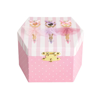 Hexagonal jewelry box with pink polka dot base and ballerina design on top, on a white background.