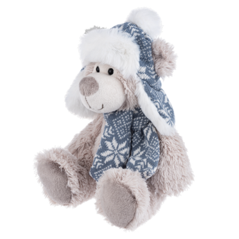 10 inch cream plush winter bear wearing bomber hat and matching scarf