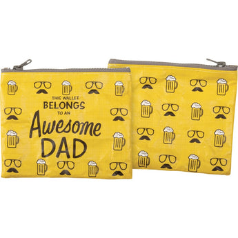 Yellow Zipper Wallet with 'this wallet belongs to an Awesome Dad' with eye glasses, moustache and beer all over design.