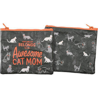 Awesome Cat Mom Zipper wallet with cat print on front and back of bag with orange heavy duty zipper.