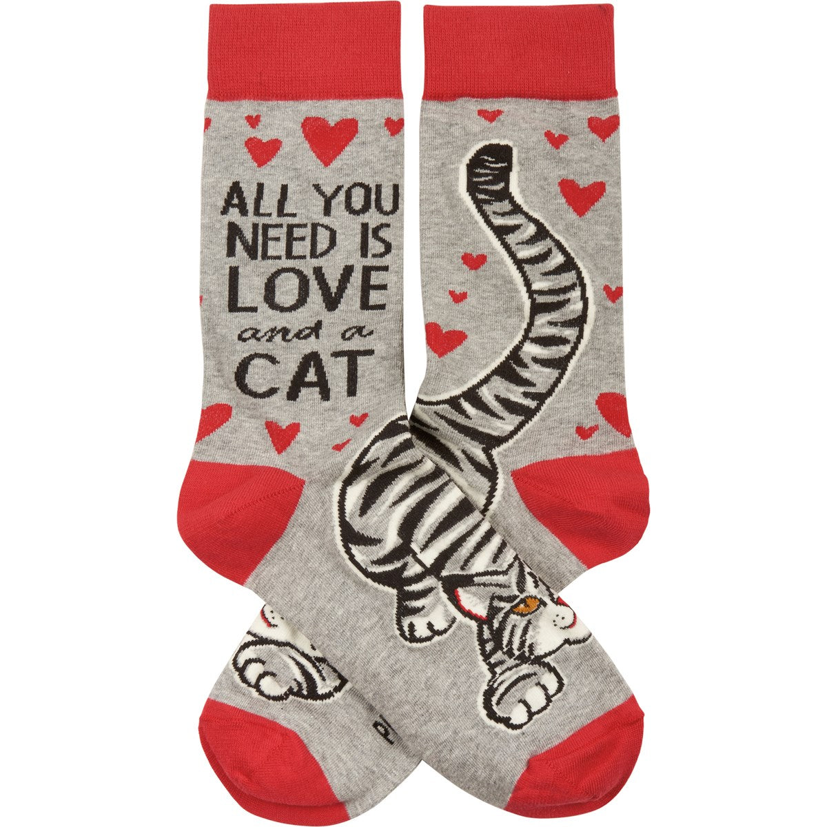 Love and a Cat grey socks with red toe, heal and band, "all you need is love and a cat" text