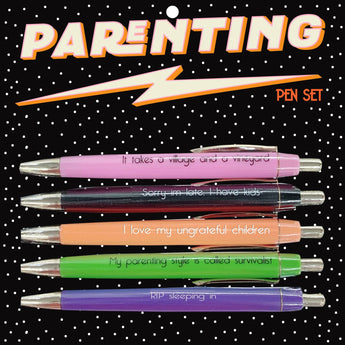 Parenting Pen Set 5 pack funny mom dad sayings.