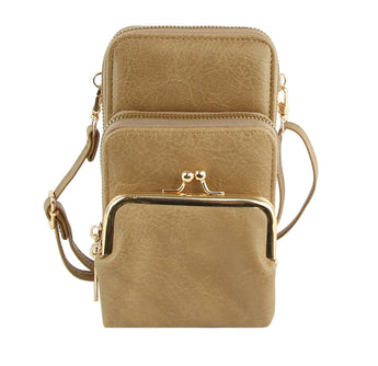 Beige handbag with multiple compartments and a clasp on a white background