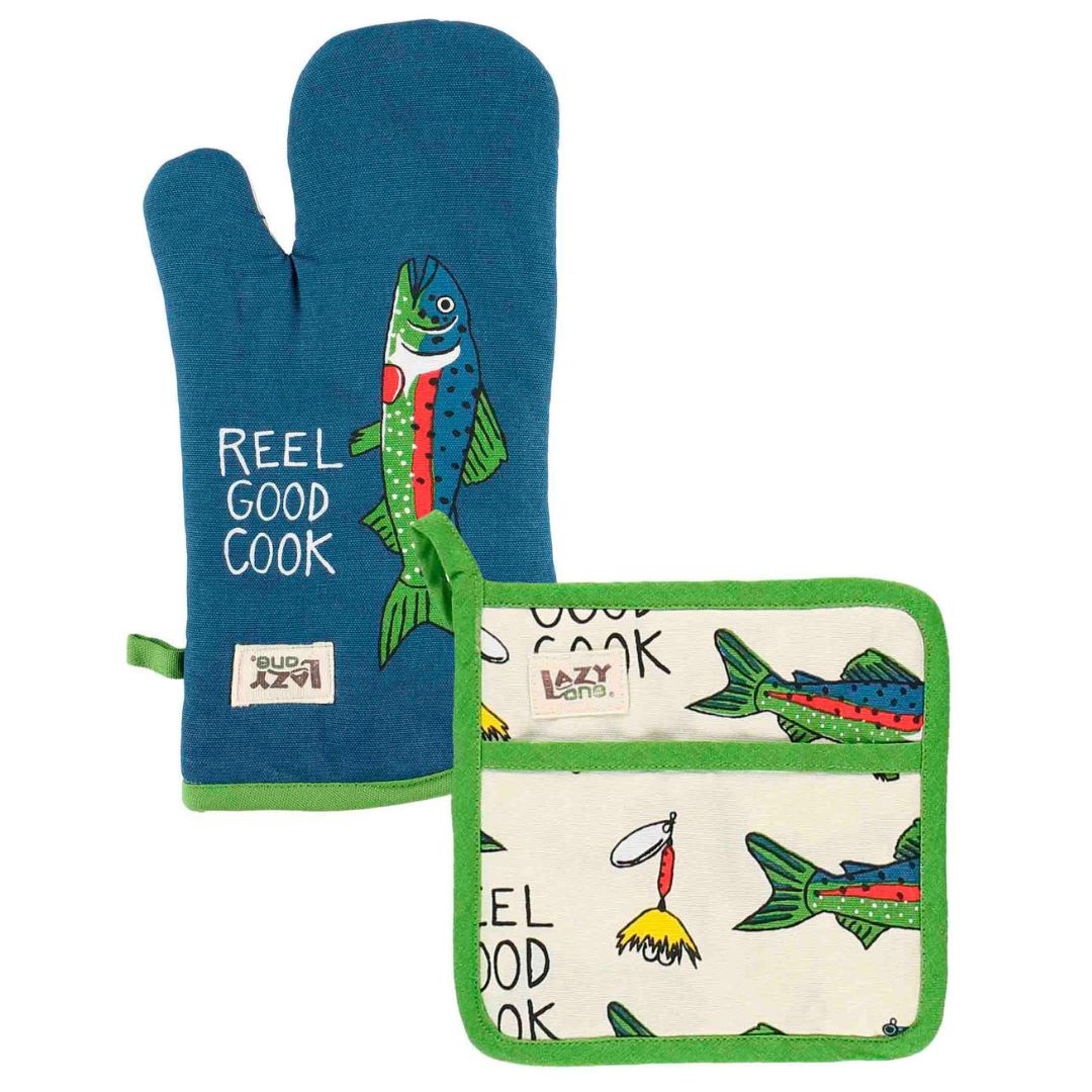 "Reel Good Cook" Pot Holder and Oven Mitt Pack featuring matching fish designs in bold colors and patterns. Made from 100% woven cotton with quilted contrasting trim and hanging loops.