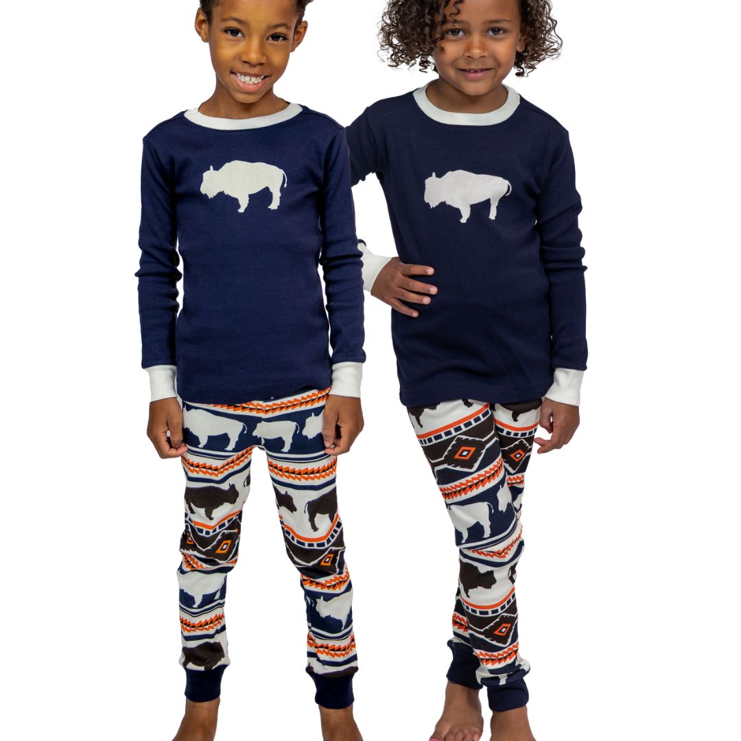 Western Buffalo Print Pajama Set for kids in dress blue and natural colors with buffalo Fair Isle pattern.