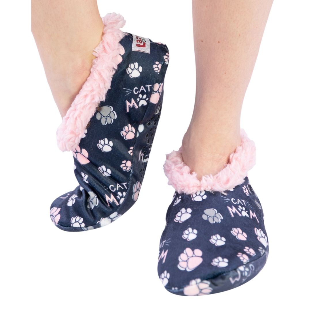 Cat Mom Fuzzy Feet Slippers in blueberry blue fuzzy fabric with blush pink fleece lining and cat paw designs.