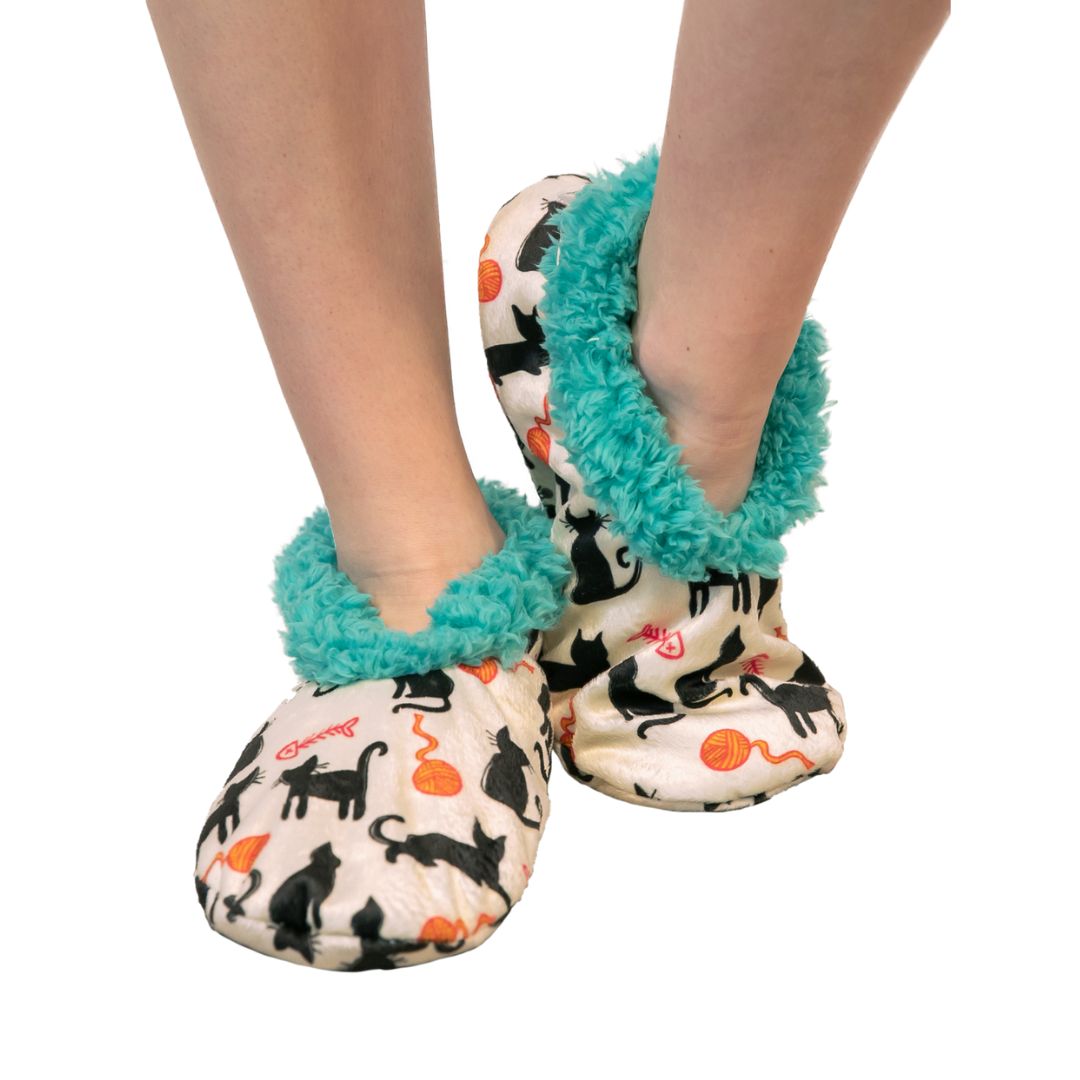 Cat Nap Fuzzy Feet Slippers in creme brulee and mineral blue with all-over cat design and non-skid sole.