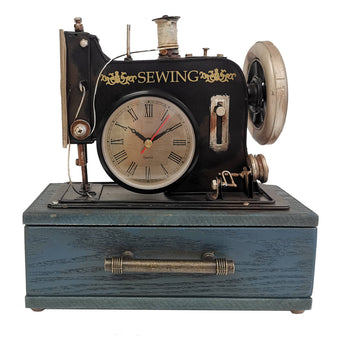 Vintage-style sewing machine clock with wooden base on a white background