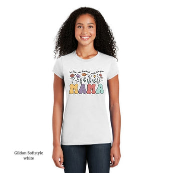 White Cotton Tee with Mama Wildflower Retro design with the quote 'Love them, raise them kind, watch them grow', available in sizes Small to 3XL.