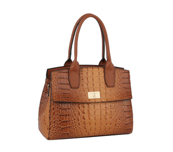 Brown crocodile-patterned handbag with matching handles on a white background