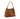 Brown leather handbag with a gold buckle on a white background