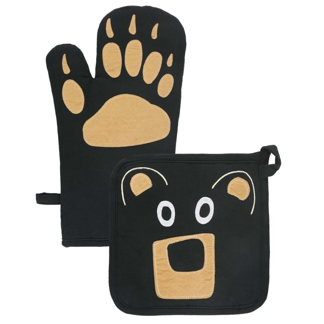Black Bear Pot Holder and Oven Mitt Combo Pack with bear paw and face appliques in black fabric and contrasting trim.