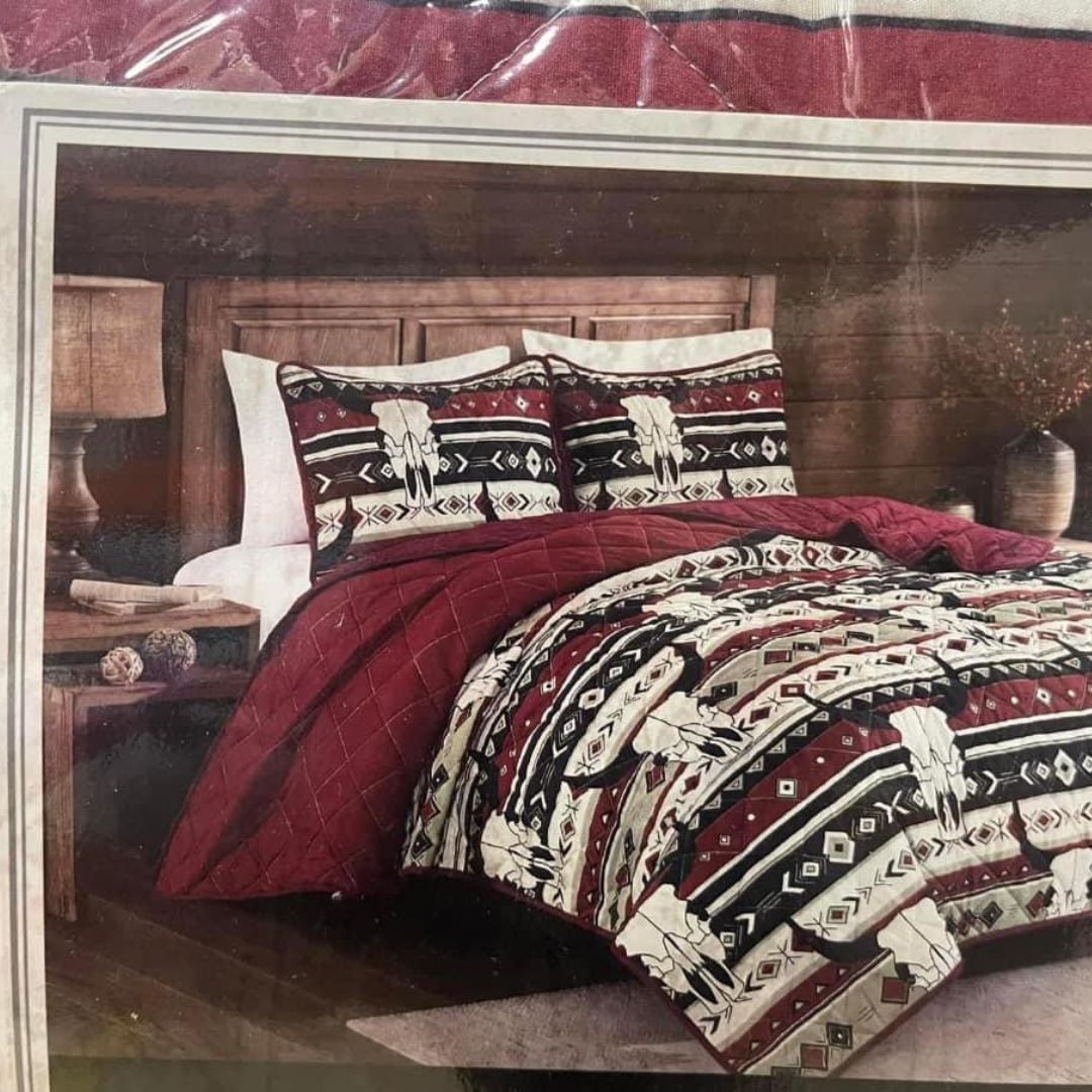 Bull Skull Red Aztec Bedding Set featuring a comforter and two pillow shams with a vibrant red and beige aztec pattern and bull skull motif.