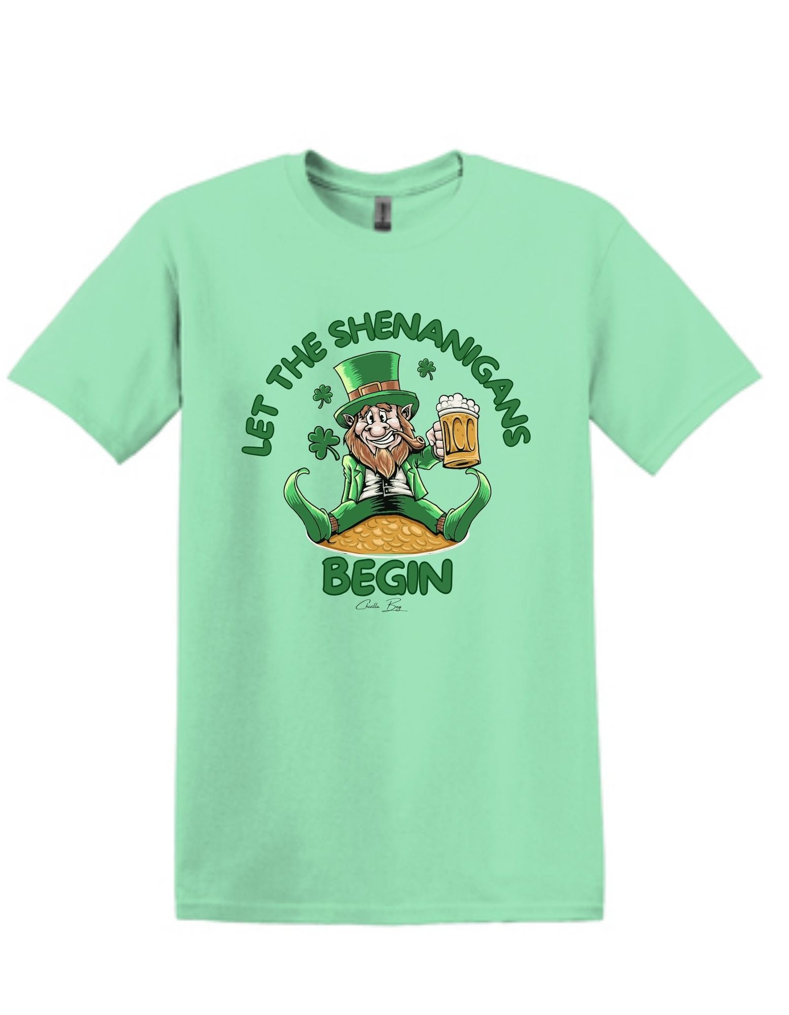 St. Patrick's Day 'Let the Shenanigans Begin' T-shirt with a full-color leprechaun graphic, available in black, mint, white or natural colors, direct-to-gartment printed on soft cotton tees in Aberdee, South Dakota.