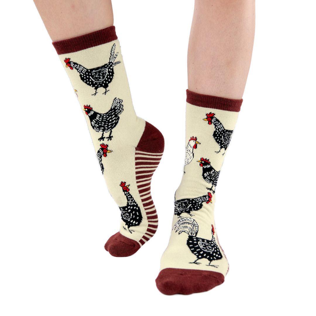Chicken Crew Sock in creme brulee and fired brick red with all-over chicken print and contrasting heel and toe.