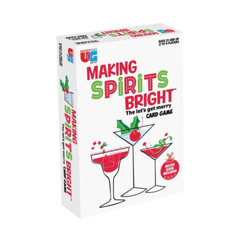 Card game box titled 'Making Spirits Bright' on a white background for ages 21+