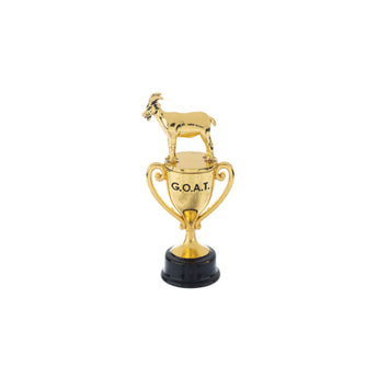 A trophy charm with a golden goat figure on top, standing on a black base with 'G.O.A.T' engraved on the trophy.