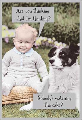 Birthday Card with baby and a dog with caption "Are you thinking what I'm thinking" and dog is thinking "Nobody's watching the cake"