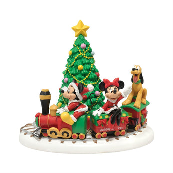 Disney Village Mickey's Holiday Express figurine featuring Mickey and Minnie Mouse riding a Christmas Train with pluto, hand-painted in festive holiday colors.