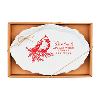 Stoneware "Cardinals Appear When Angels Are Nea" tray featuring red cardinal and textured rim.