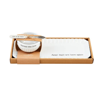 Appy Days ceramic tray and dip bowl set with silverplate spreader