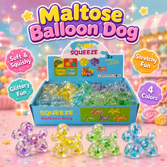 A colorful display of 'Maltose Balloon Dog' toys, showing a blue box filled with clear balloon-shaped dogs containing multicolor glitter, with several loose balloon dog toys in front. The image is decorated with promotional text bubbles highlighting its features: 'Soft & Squishy', 'Stretchy Fun', 'Glittery Fun', and '4 Colors'.