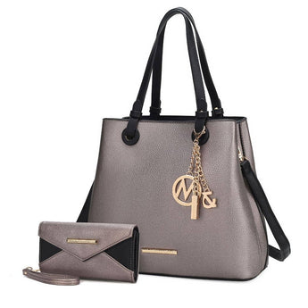 MKF Kearny pewter vegan leather tote bag with wallet by Mia K featuring gold hardware and structured design.