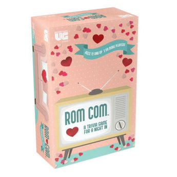 Box of 'Rom Com' trivia game with vintage television design and heart patterns.