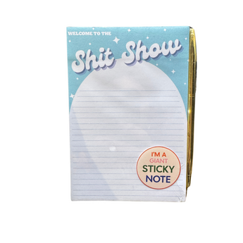 Notepad with 'Welcome to the Shit Show' text and a humorous label on a white background