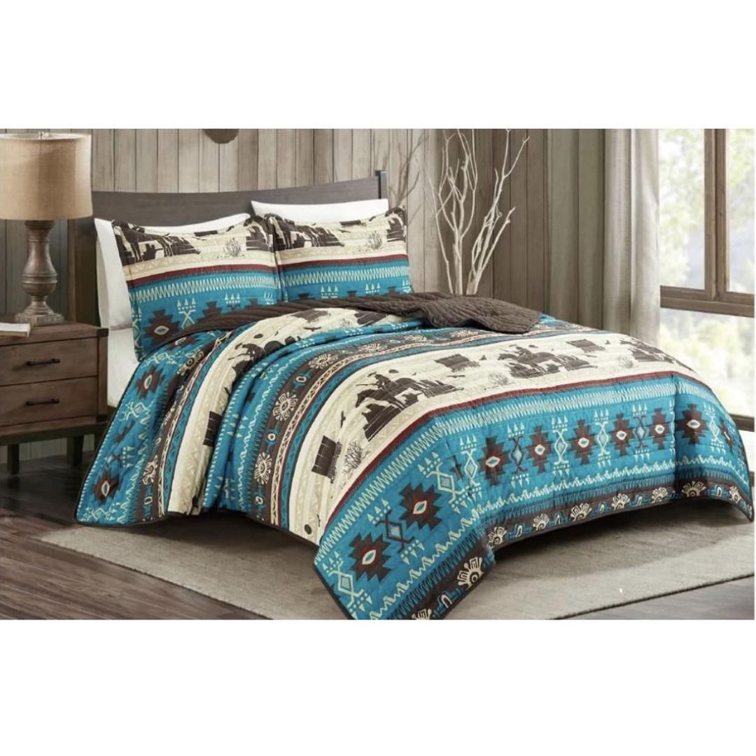 Blue Southwestern Cowboy 3 piece bedding set, featuring comforter and 2 matching pillow shams.