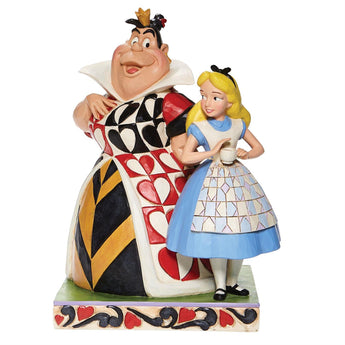 Jim Shore Disney Traditions "Chaos and Curiosity" figurine featuring Alice and the Queen of Hearts in vibrant folk-art detail.