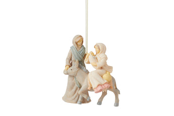 Foundations Epic Journey ornament featuring Mary, Joseph, and Baby Jesus traveling by donkey with soft neutral colors and crystal accents.