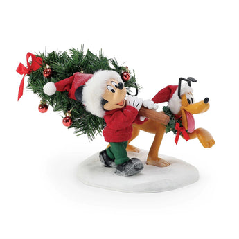 Possible Dreams Disney figurine of Mickey Mouse and Pluto carrying a Christmas tree, hand-painted holiday collectible with Clothtique fabric details.