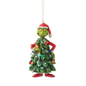 Jim Shore Grinch dressed as a Christmas tree ornament in signature folk-art style.