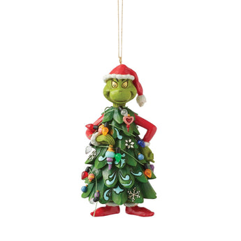 Jim Shore Grinch dressed as a Christmas tree ornament in signature folk-art style.