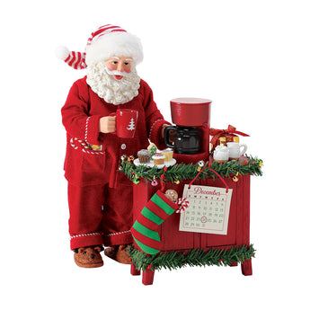 Possible Dreams But First, Coffee Santa figurine enjoying a cup of coffee before Christmas Eve, featuring Clothtique fabric and hand-painted holiday details.