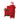 Child in a red Santa outfit standing next to a red Christmas tree with decorations on a white background