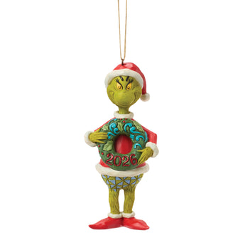 Jim Shore Grinch holding 2026 wreath ornament