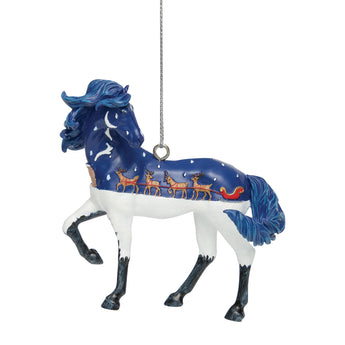 Up on the Housetop Trail of Painted Ponies hanging ornament featuring Santa Claus and his reindeer illustrated on a collectible horse by Enesco.