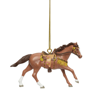 Sunflower Sorrel Trail of Painted Ponies hanging ornament featuring a horse decorated with bright sunflower artwork by Enesco.