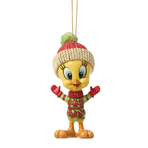 Jim Shore Heartwood Creek Tweety Bird ornament wearing a festive holiday sweater with hand-painted rosemaling details and classic Looney Tunes character charm.