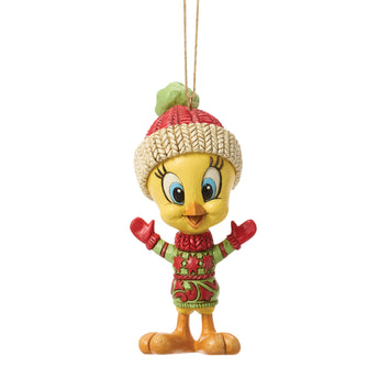Jim Shore Heartwood Creek Tweety Bird ornament wearing a festive holiday sweater with hand-painted rosemaling details and classic Looney Tunes character charm.